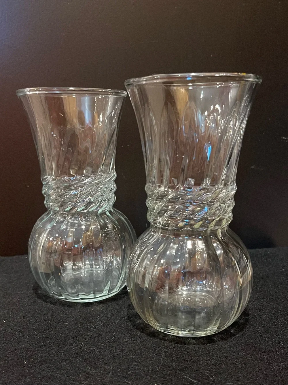 Vintage Anchor Hocking Optic Swirl Ribbed Clear Glass Vases - Set of 2